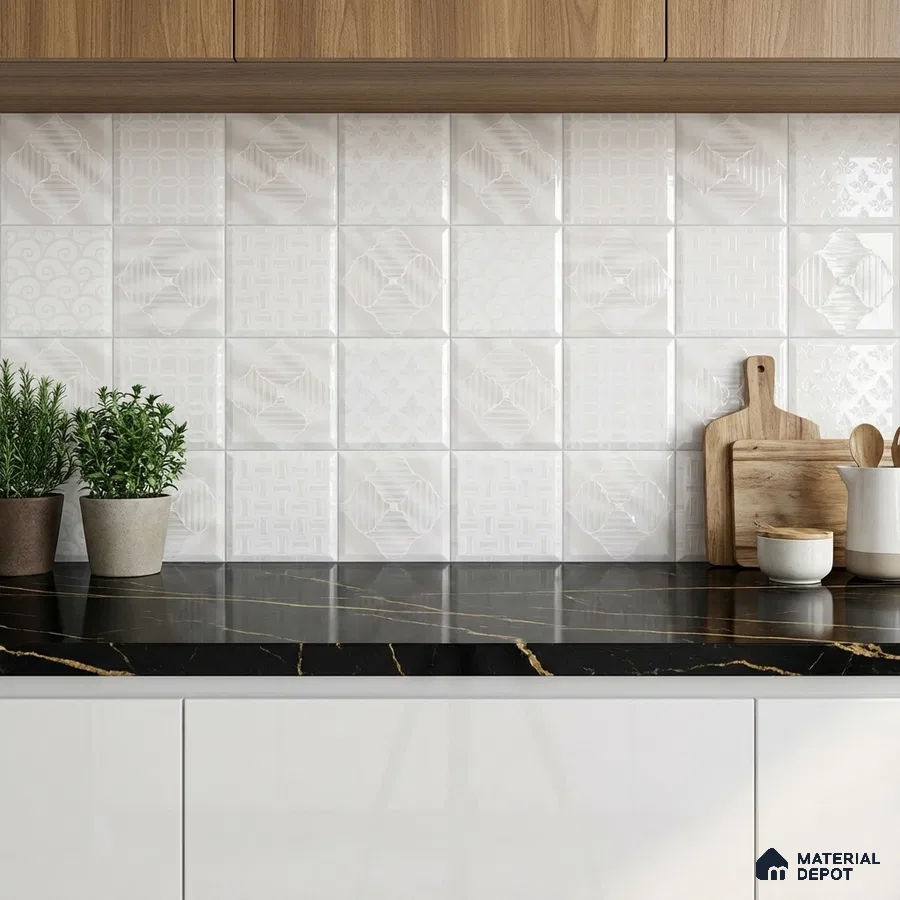 Modern kitchen with patterned white wall tiles, black marble countertop, and walnut wood laminate cabinets