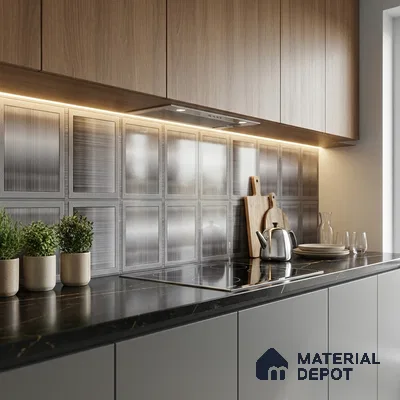 Modern kitchen with brushed metallic backsplash tile, walnut wood laminate cabinets, and black marble countertop