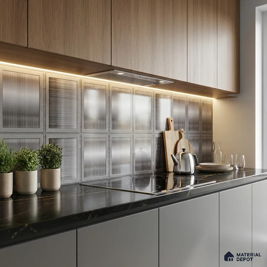 Modern kitchen with brushed metallic backsplash tile, walnut wood laminate cabinets, and black marble countertop