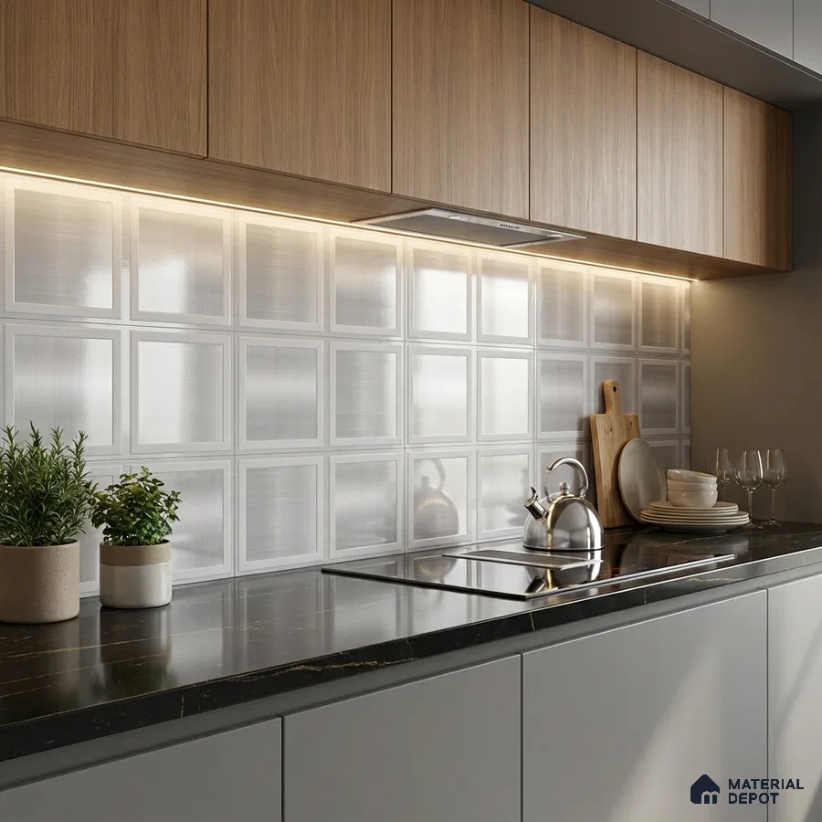 Modern kitchen with light oak laminate cabinets, brushed metallic square backsplash tiles, and black marble countertop