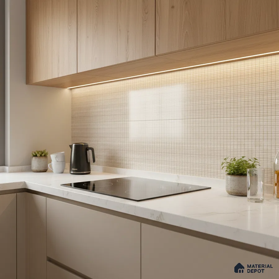 Scandinavian kitchen with light oak laminate cabinets, beige grid backsplash tile, and white marble countertop