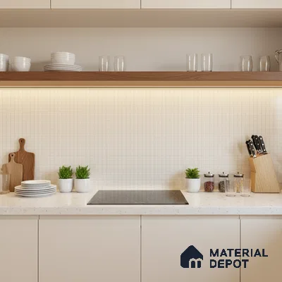 Minimalist kitchen with frosty white laminate cabinets, white quartz countertop, and grid white backsplash tile
