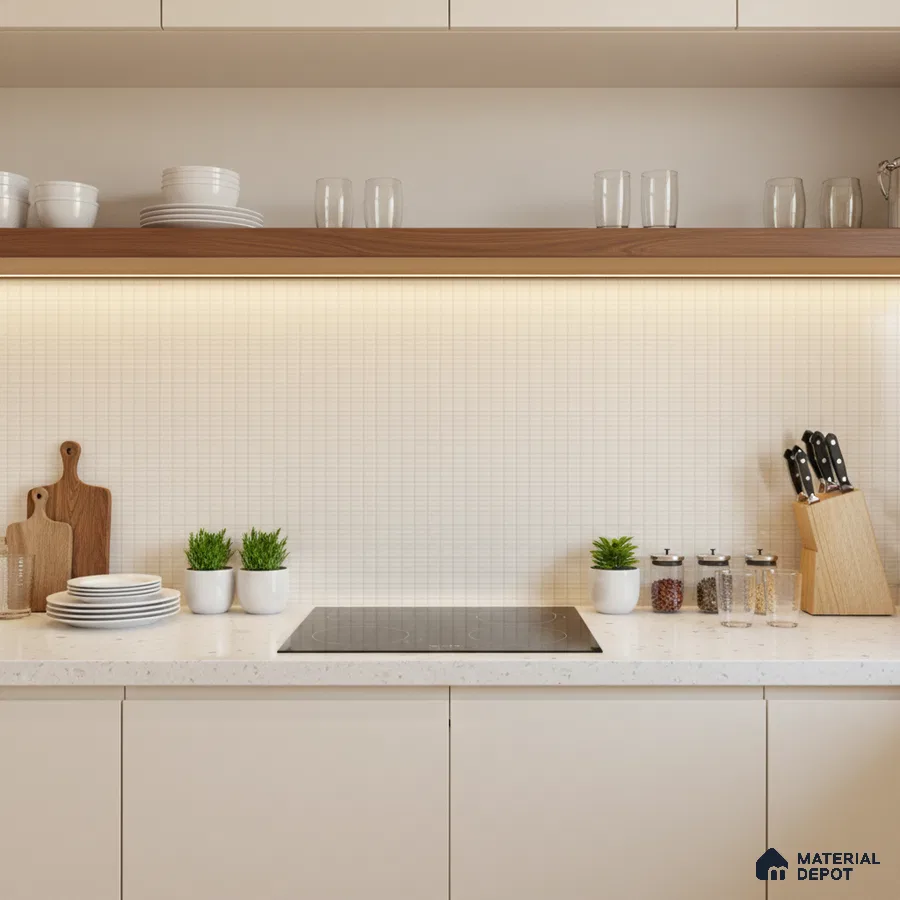 Minimalist kitchen with frosty white laminate cabinets, white quartz countertop, and grid white backsplash tile