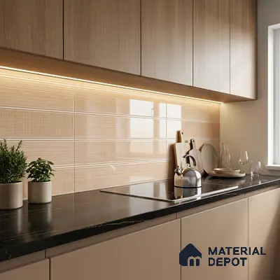 Modern kitchen with light oak laminate cabinets, beige textured subway backsplash tile, and black marble countertop