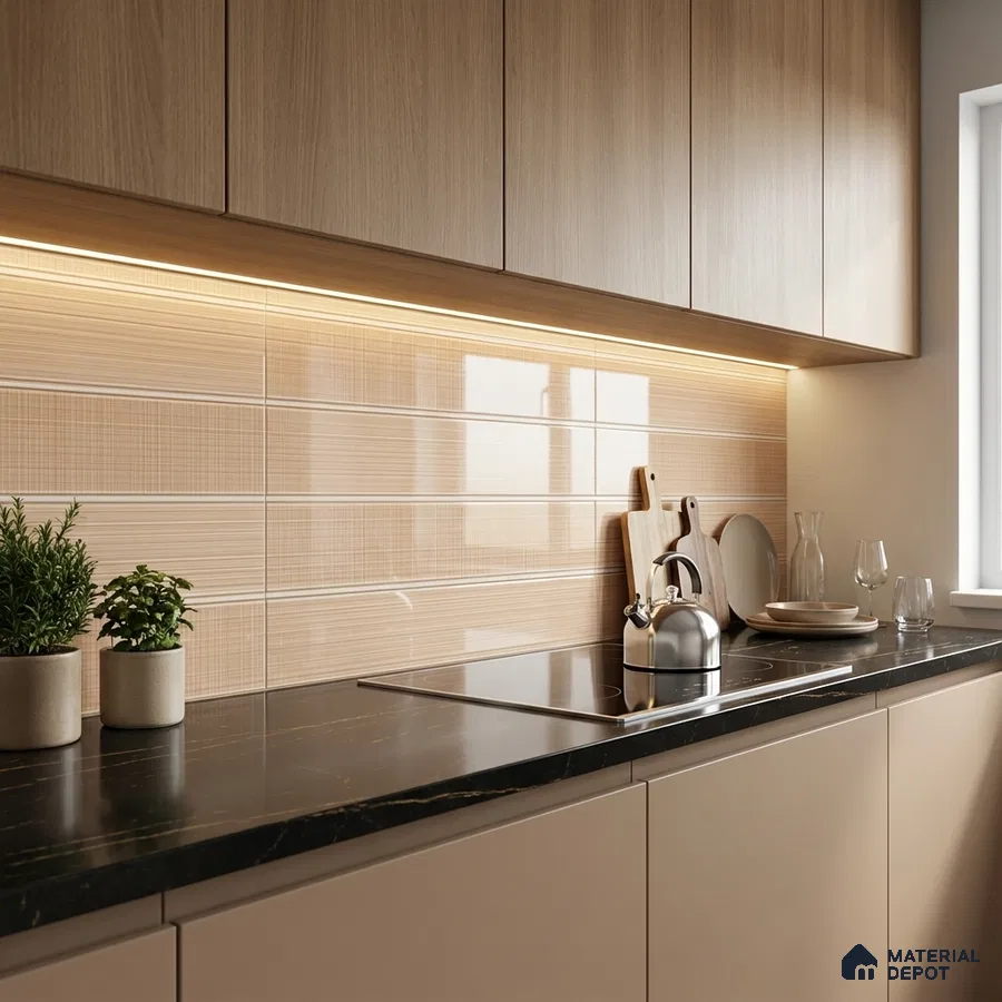 Modern kitchen with light oak laminate cabinets, beige textured subway backsplash tile, and black marble countertop