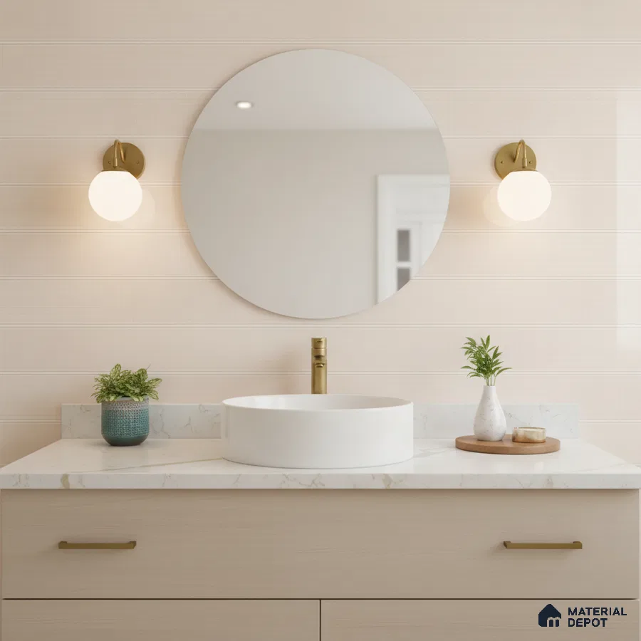 Minimalist bathroom with light beige wall tile, white quartz countertop, and light wood vanity