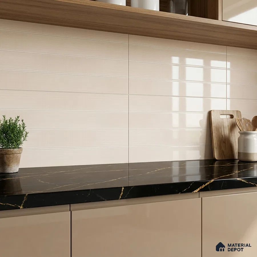 Modern kitchen with beige laminate cabinets, black marble countertop, and cream horizontal wall tiles