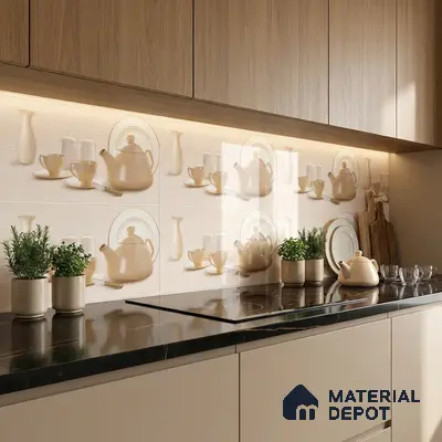 Modern kitchen with beige solid laminate, wood grain laminate, and printed crockery backsplash tiles