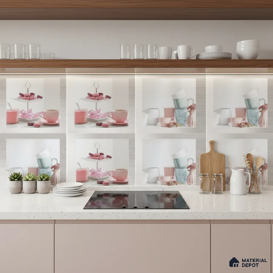 Modern kitchen with pastel pink laminate cabinets and printed ceramic backsplash tiles