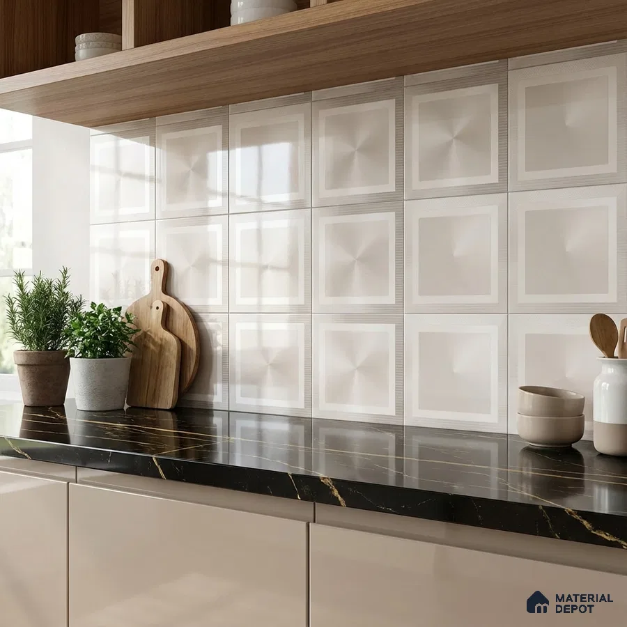 Modern kitchen with geometric square backsplash tile and black marble countertop