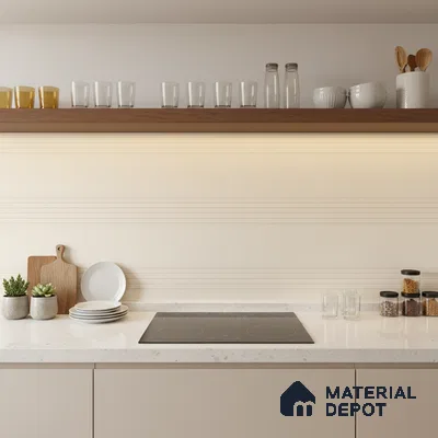 Minimalist kitchen with frosty white quartz countertop and beige linear textured backsplash tile