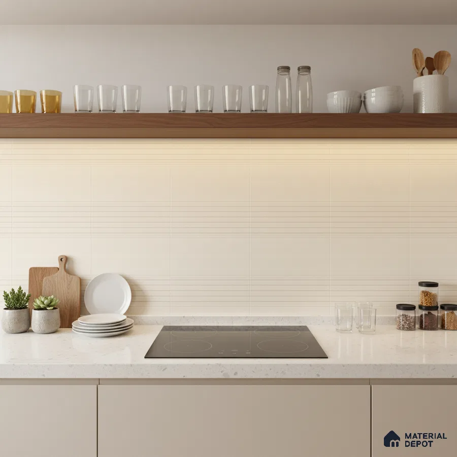Minimalist kitchen with frosty white quartz countertop and beige linear textured backsplash tile