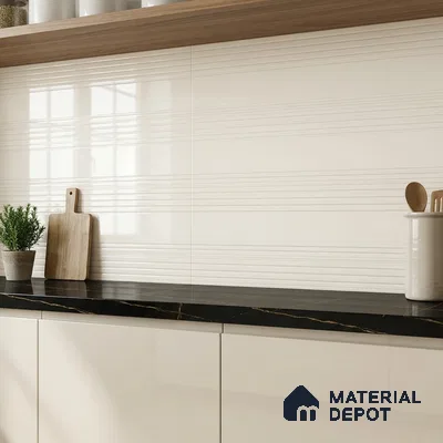 Modern kitchen with white textured wall tiles, black marble countertop, and glossy white laminate cabinets