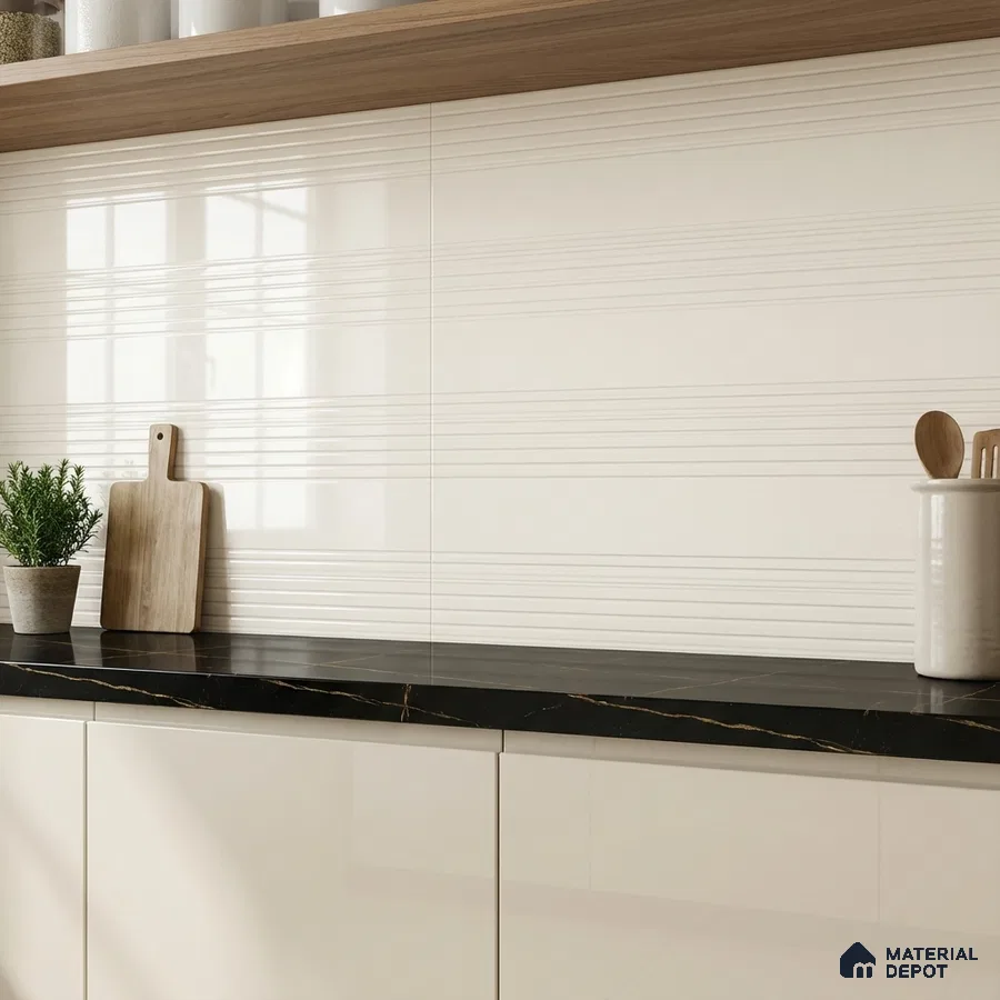 Modern kitchen with white textured wall tiles, black marble countertop, and glossy white laminate cabinets