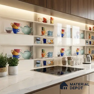 Modern kitchen with marble-look quartz countertop and crockery print backsplash tile