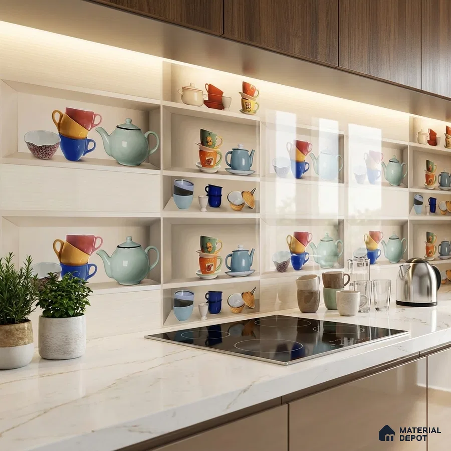 Modern kitchen with marble-look quartz countertop and crockery print backsplash tile