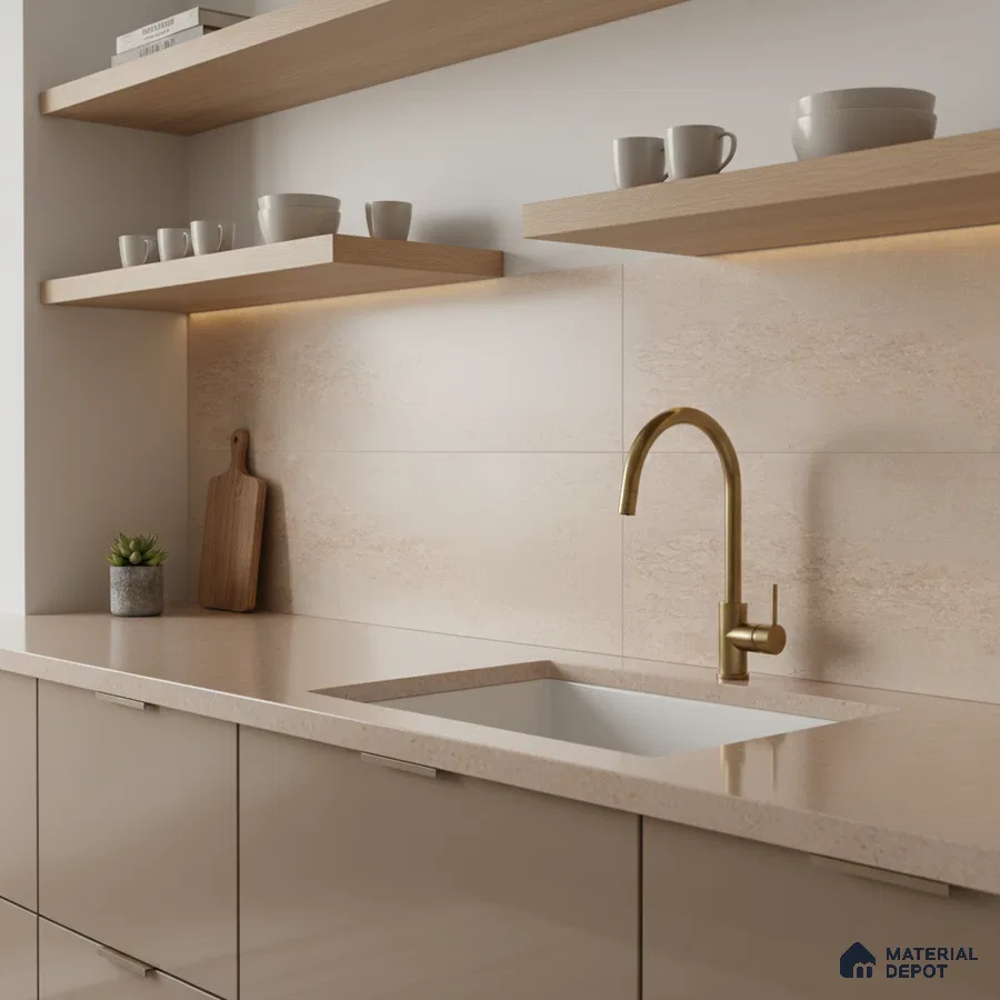 Minimalist kitchen with beige quartz countertop, matte taupe laminate cabinets, and light wood open shelves