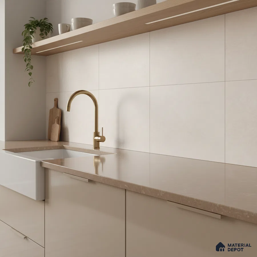 Minimalist kitchen with beige glossy laminate cabinets, taupe quartz countertop, and large format ivory wall tiles