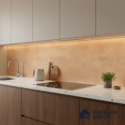 Modern kitchen with walnut wood laminate, beige backsplash tile, and terrazzo countertop