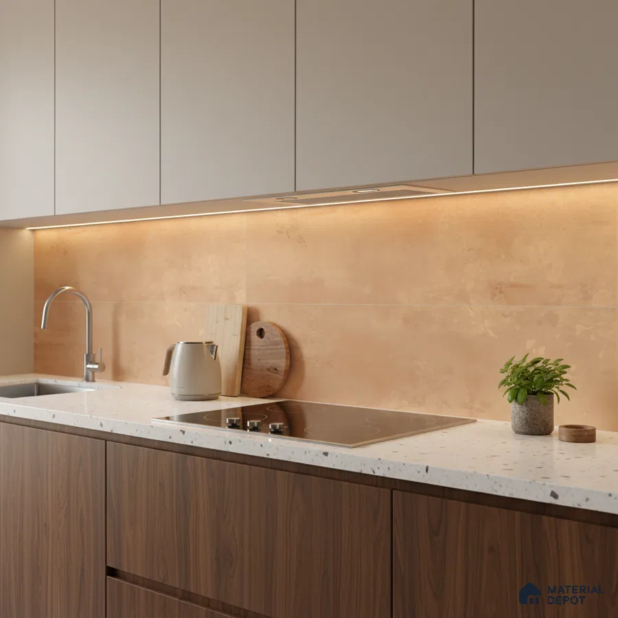 Modern kitchen with walnut wood laminate, beige backsplash tile, and terrazzo countertop