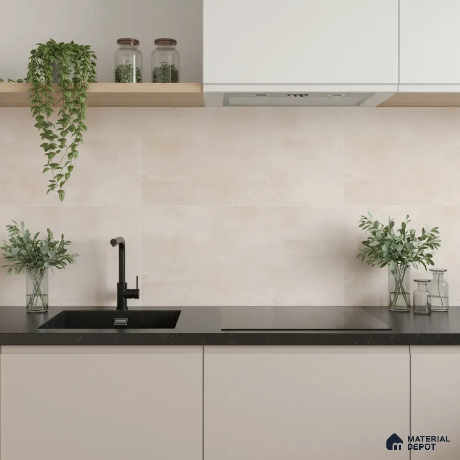 Minimalist kitchen with matte beige laminate cabinets, black quartz countertop, and cream stone-look backsplash tiles