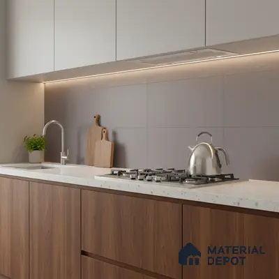 Modern kitchen with walnut wood laminate, frosty white quartz countertop, and matte taupe backsplash tile