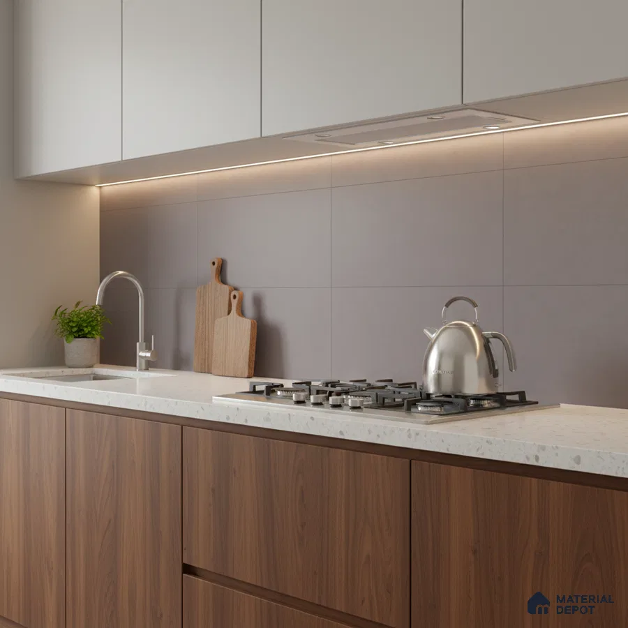 Modern kitchen with walnut wood laminate, frosty white quartz countertop, and matte taupe backsplash tile
