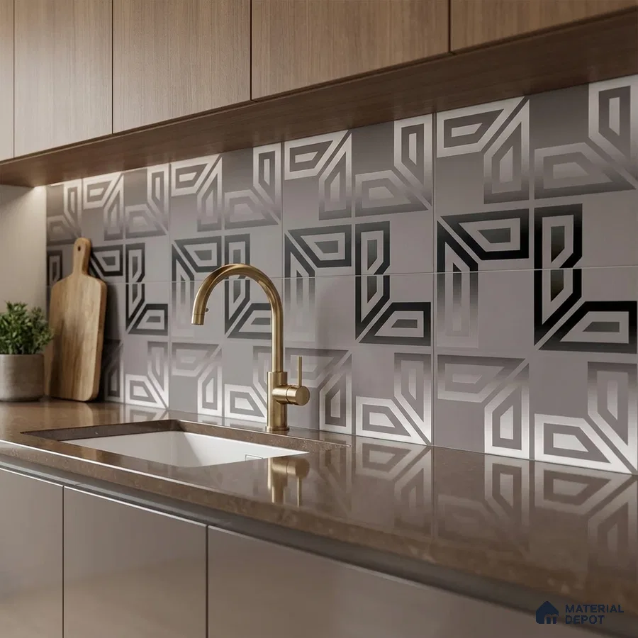 Modern kitchen with geometric black and grey backsplash tiles and brown quartz countertop