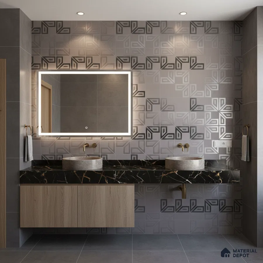 Modern bathroom with geometric patterned wall tiles, black quartz countertop, and light oak vanity