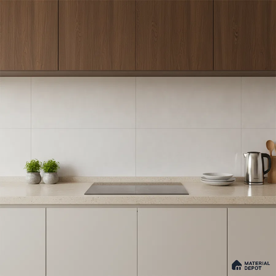 Minimalist kitchen with walnut brown laminate cabinets, beige quartz countertop, and large white wall tiles