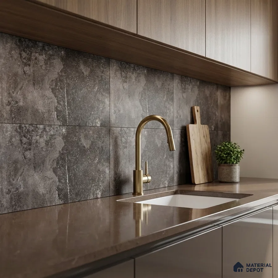 Modern kitchen with stone-look grey backsplash tile, brown quartz countertop, and wood grain laminate cabinets