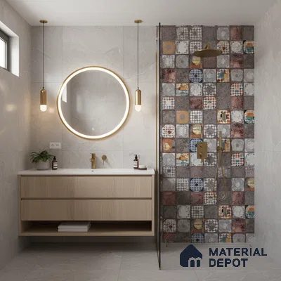 Modern bathroom with patterned patchwork wall tiles and light oak vanity