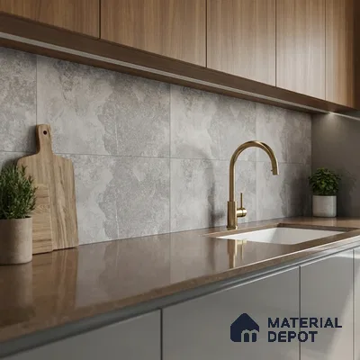 Modern kitchen with grey stone backsplash tile, walnut wood laminate cabinets, and brown quartz countertop