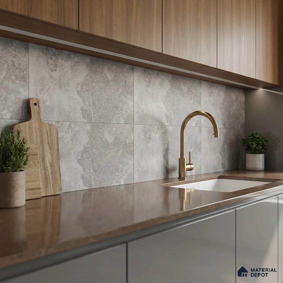 Modern kitchen with grey stone backsplash tile, walnut wood laminate cabinets, and brown quartz countertop