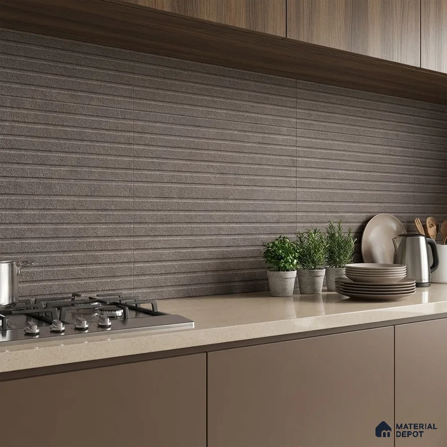 Modern kitchen with taupe matte laminate cabinets, beige quartz countertop, and textured brown horizontal backsplash tiles