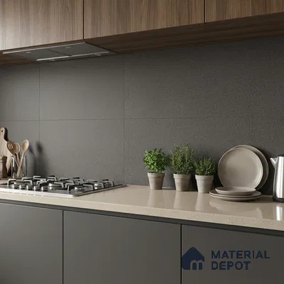 Modern kitchen with walnut wood laminate, matte grey laminate, and beige quartz countertop