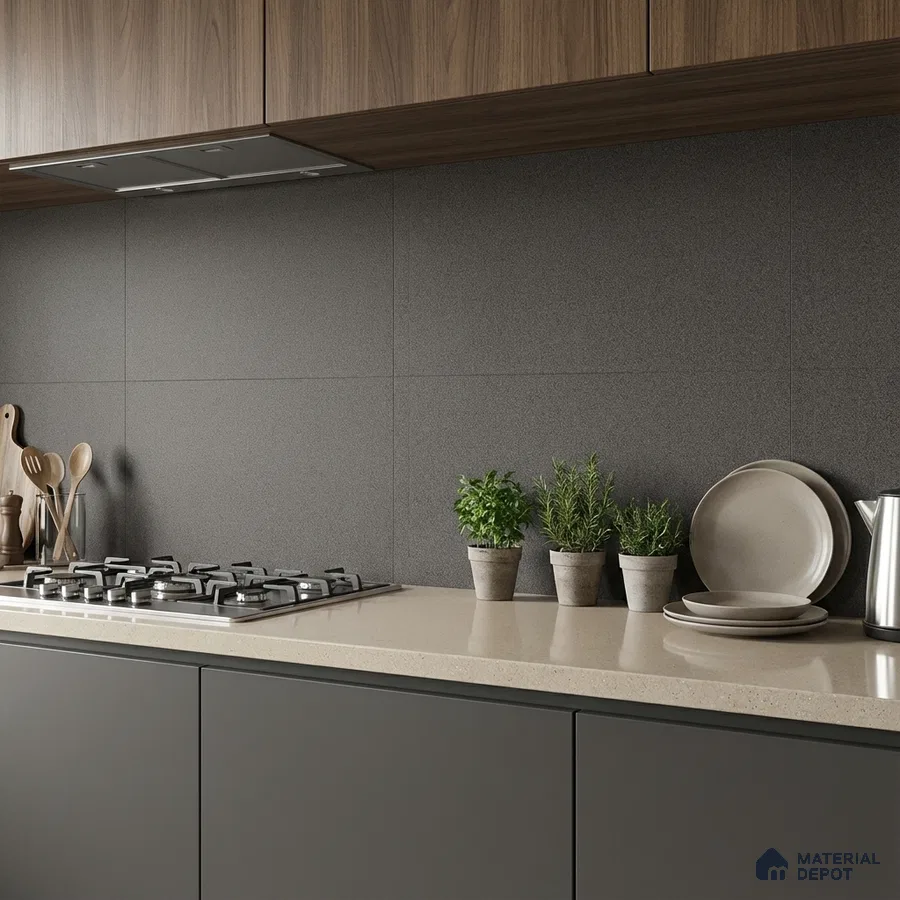 Modern kitchen with walnut wood laminate, matte grey laminate, and beige quartz countertop