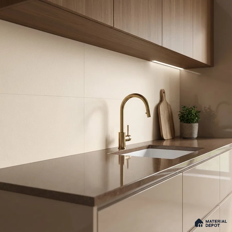 Modern kitchen with walnut wood laminate cabinets, glossy beige laminate shutters, and brown quartz countertop