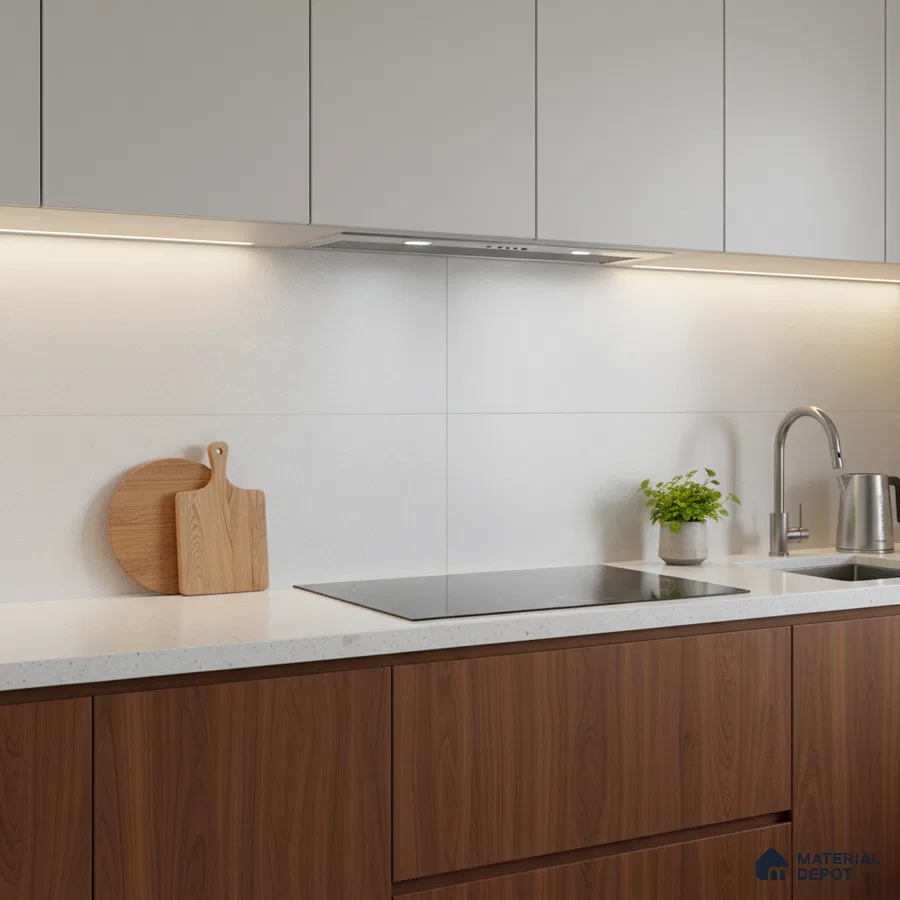 Minimalist kitchen with walnut wood laminate base cabinets and frosty white quartz countertop