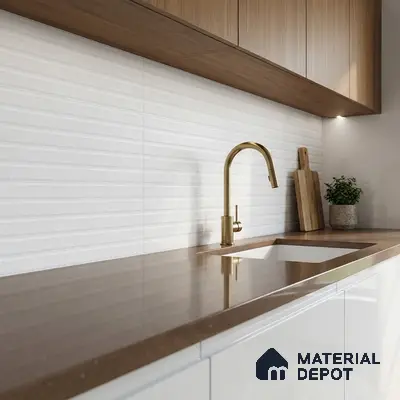 Modern kitchen with walnut wood laminate cabinets, brown quartz countertop, and white textured backsplash tile