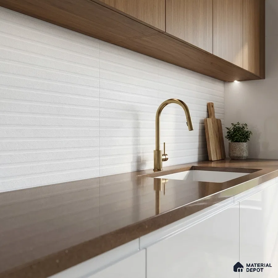 Modern kitchen with walnut wood laminate cabinets, brown quartz countertop, and white textured backsplash tile