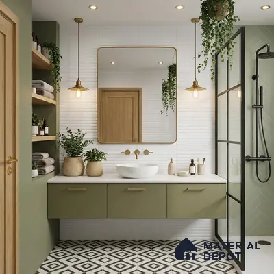 Scandinavian bathroom with olive green laminate vanity, white textured wall tile, and geometric black-and-white floor tiles
