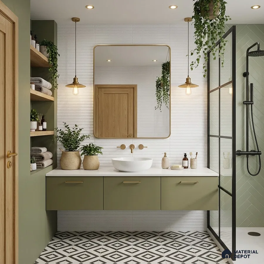 Scandinavian bathroom with olive green laminate vanity, white textured wall tile, and geometric black-and-white floor tiles