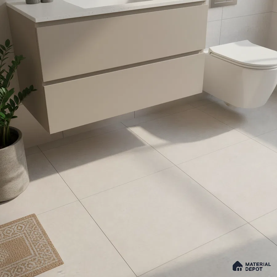 Minimalist bathroom with matte beige floor tiles and floating vanity