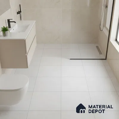 Minimalist bathroom with beige wall tiles, white floor tiles, and floating vanity