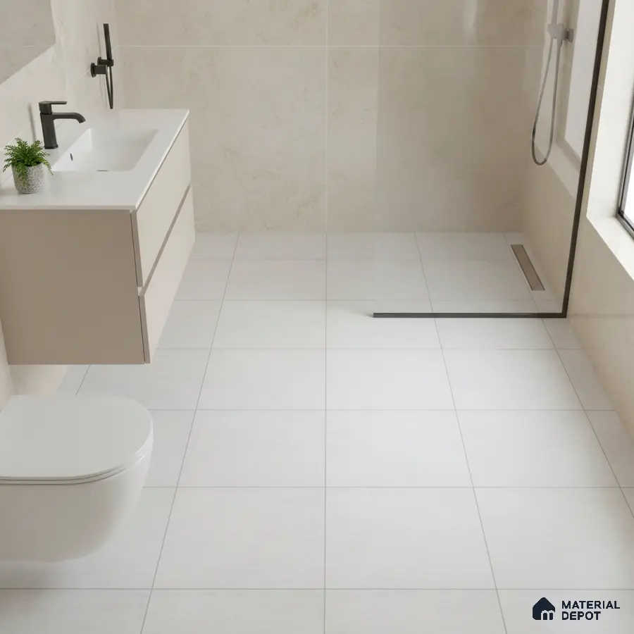 Minimalist bathroom with beige wall tiles, white floor tiles, and floating vanity