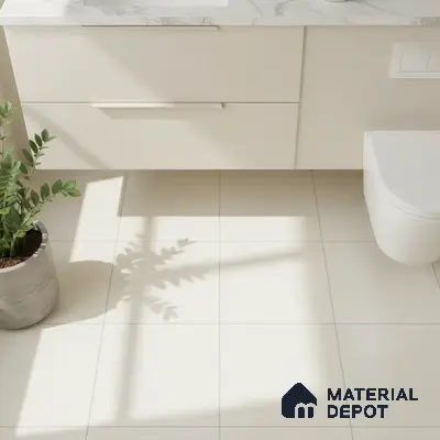 Minimalist bathroom with off-white matte floor tiles and white marble countertop vanity