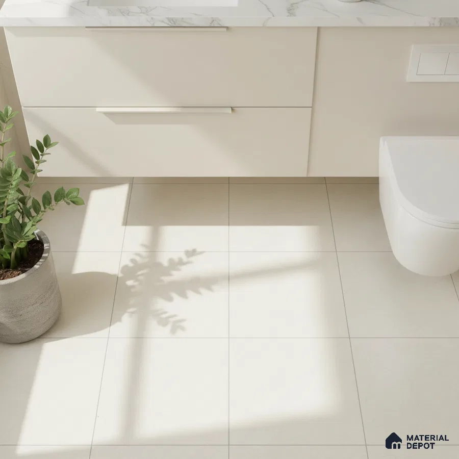 Minimalist bathroom with off-white matte floor tiles and white marble countertop vanity
