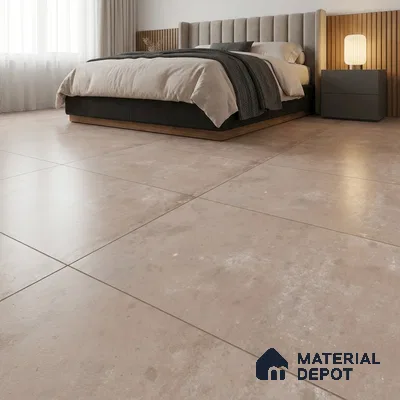 Modern Bedroom with Warm Beige Concrete-Look Floor Tile
