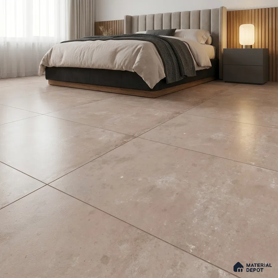 Modern Bedroom with Warm Beige Concrete-Look Floor Tile